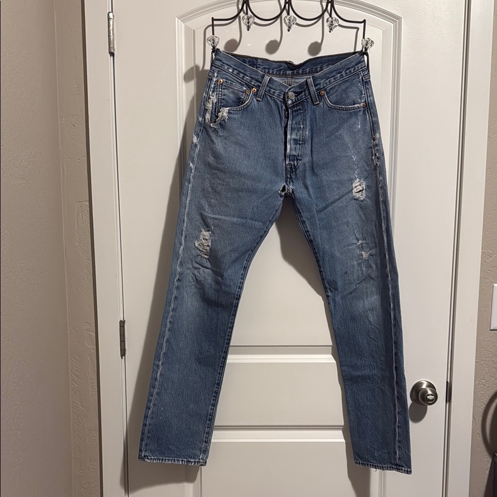 Levi’s 501 Distressed Jeans | High Rise | Straight Leg 
Made In Egypt Circa 2011